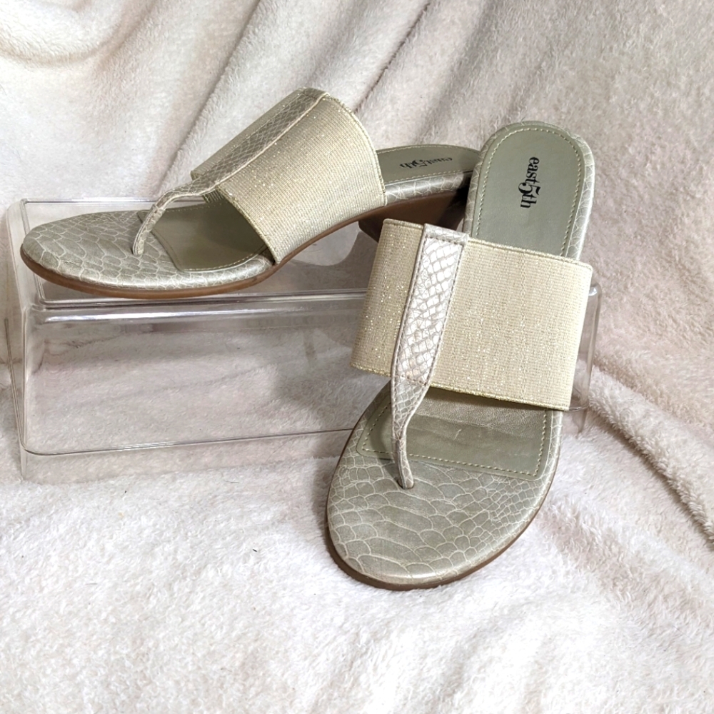 Women's East5th Cream Snakeskin pattern & soft gold low heel slip on’s | Size 10